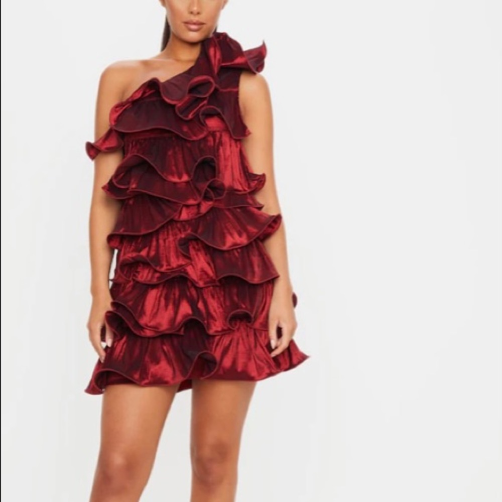 Burgundy One Shoulder Tiered Frill Shift Dress